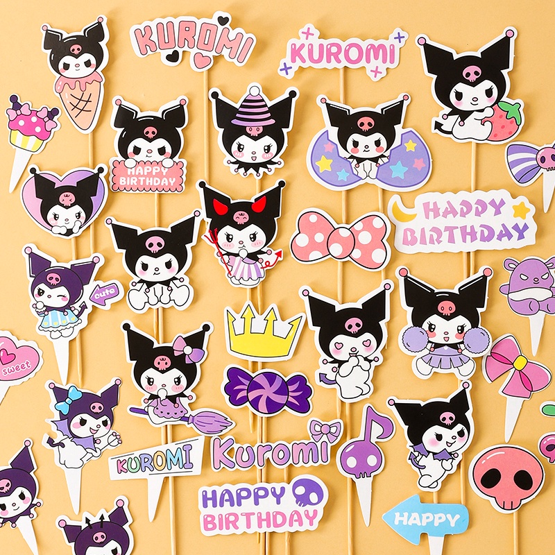 SANRIO การ์ดตกแต่งเค้ก รูปซานริโอ้ ใส่ของหวานวันเกิด มีสีดํา สีชมพู
