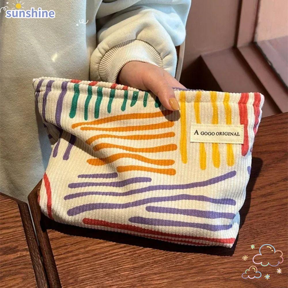 Ssunshine กระเป๋าเครื่องสําอาง ผ้าลูกฟูก ทรงคลัทช์ ลายทาง แฟชั่นสําหรับผู้หญิง
