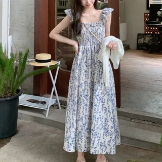 เดรส กระโปรงยาวแขนกุด ลายดอกไม้ สีฟ้า สำหรับผู้หญิง กระโปรงพลีทเอวหวาน ใหม่ พร้อมส่งจากกทม