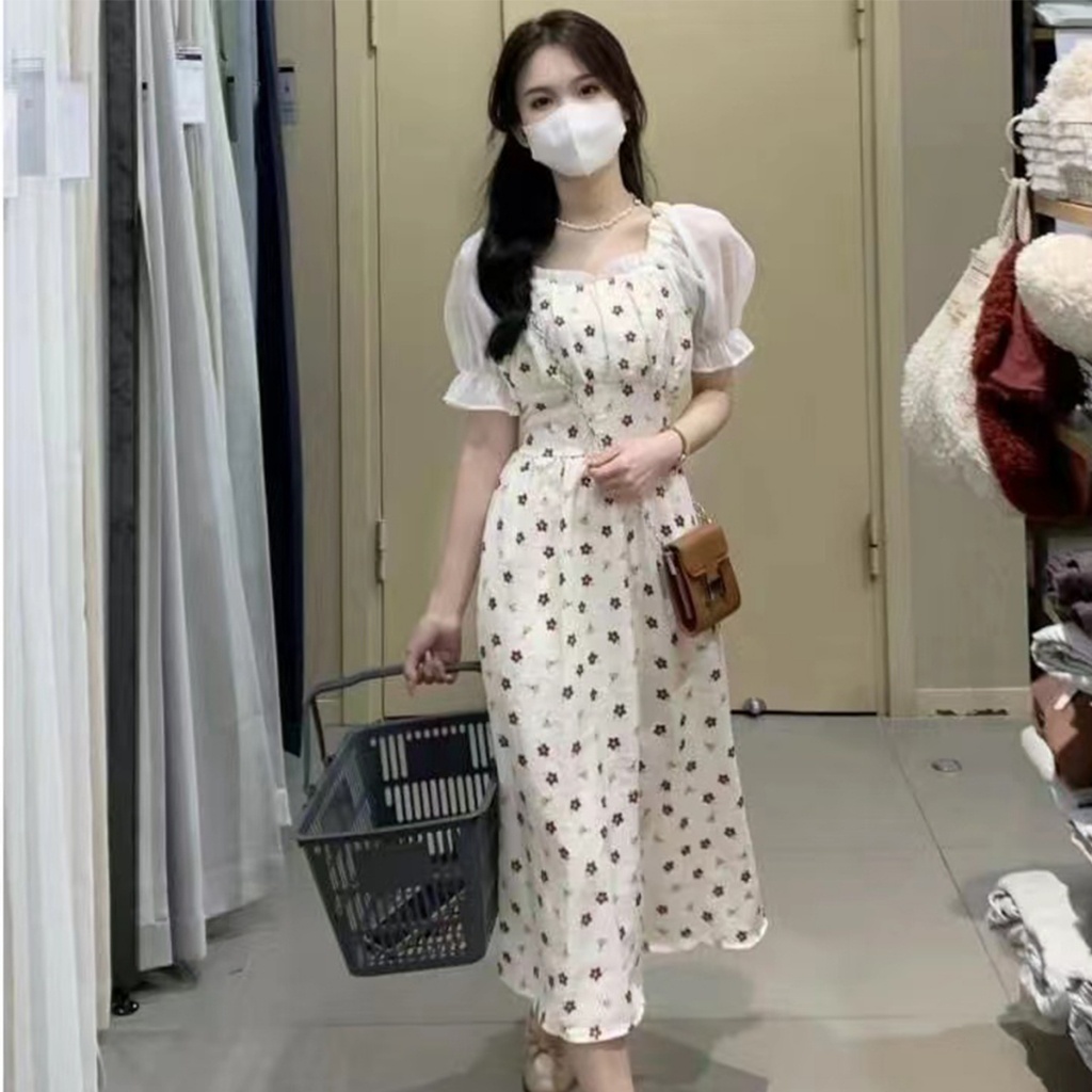 Korean พร้อมส่งชุดเดรสคอวี ละบายแขนตุ๊กตา ลายดอกไม้สไตล์ฝรั่งเศสย้อนยุคแบบกระโปรงยาว 6766