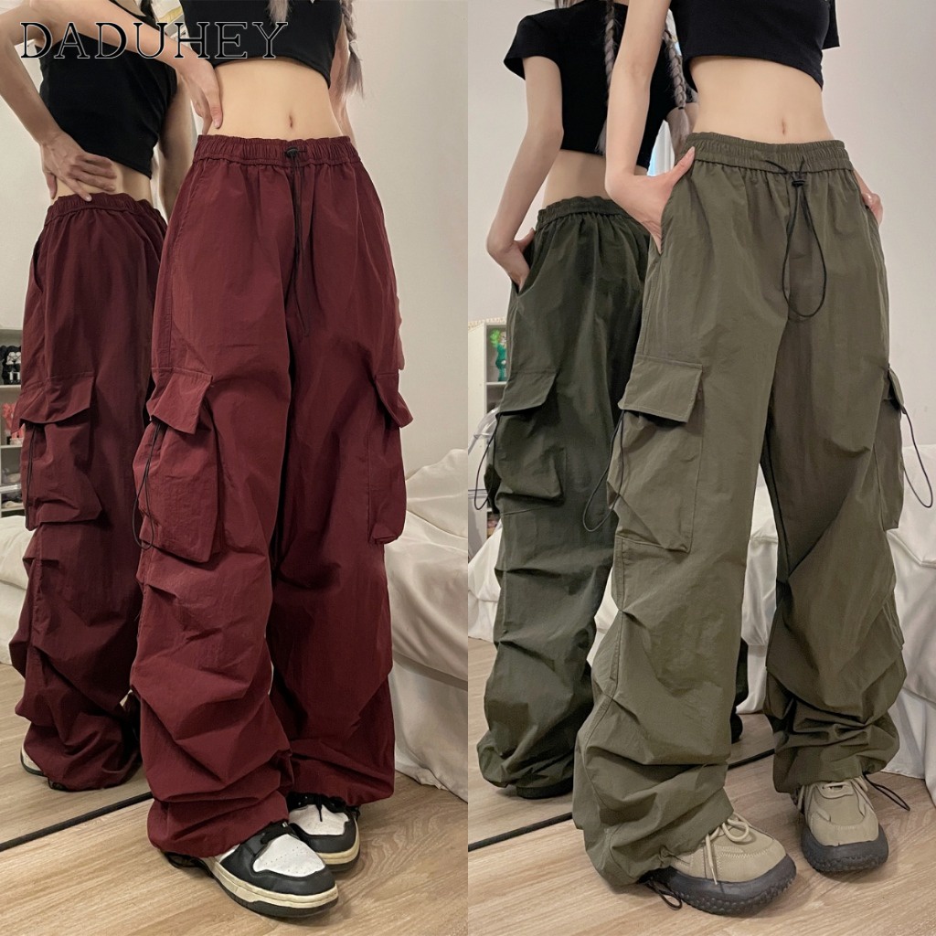 DaDuHey Women's American Retro High Street Large Pocket Pants High Waist Loose Casual Pants Hip Hop Straight Wide Leg Pants