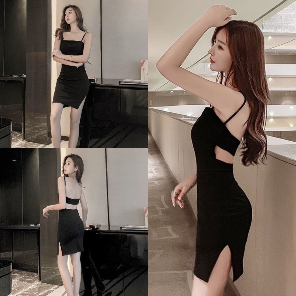 ราคาถูกที่สุด เดรสสั้นสายเดี่ยว สีดำ ดีเทลผ่าโชว์หลัง เซ็กซี่