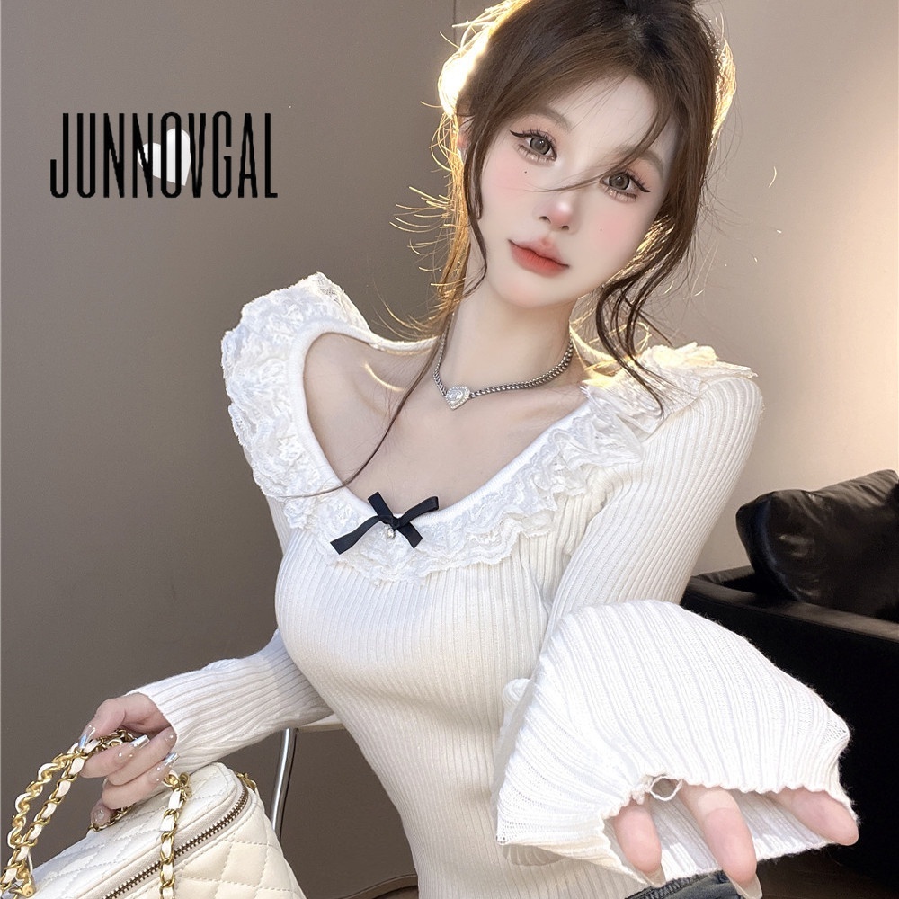 JUNNOVGAL เสื้อยืดผู้หญิง Bowknot Knit สีทึบคอวีลําลองสไตล์ใหม่แขนยาว Slim Fit