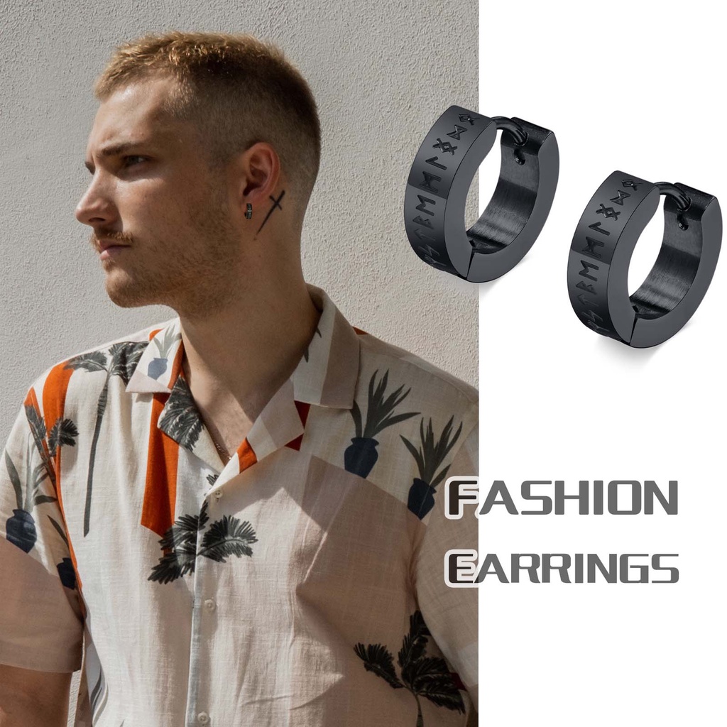 Vnox Viking Rune ต่างหู สเตนเลส ทรงกลม สีดํา สีเงิน ของขวัญวันเกิด สําหรับผู้ชาย - รูปที่ 2
