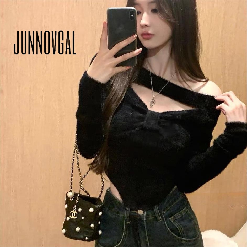 Junnovgal เสื้อกันหนาวแขนยาว เปิดไหล่ ผ้าถัก ลําลอง สีพื้น สําหรับผู้หญิง 2024