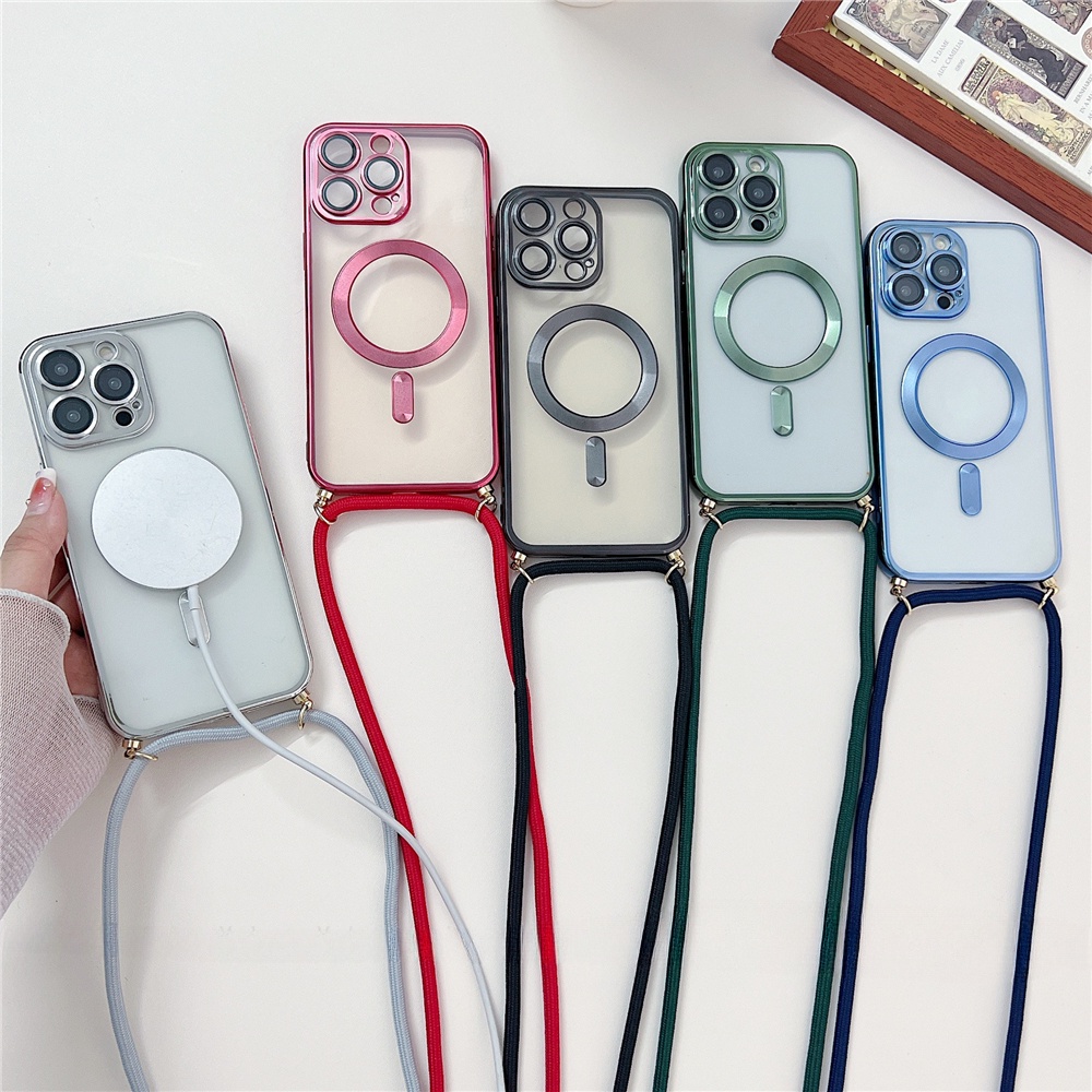 เคสโทรศัพท์มือถือแบบใส แม่เหล็ก ไร้สาย 6D พร้อมสายคล้องคอ และสร้อยคอ สําหรับ iPhone 12 1314 15 Pro Max 15 14 Plus
