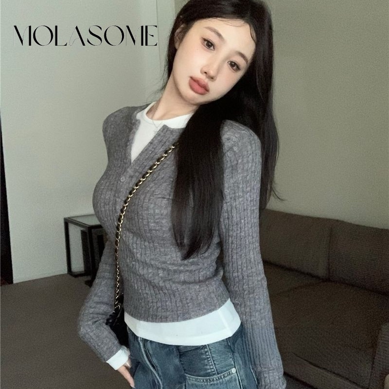 Molasome เสื้อแขนยาว ผ้าถัก ทรงสลิมฟิต สีตัดกัน สําหรับผู้หญิง 2024