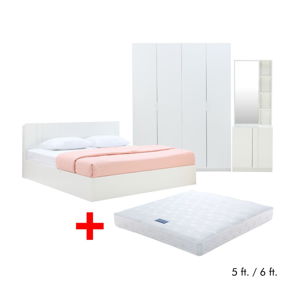 INDEX LIVING MALL ชุดห้องนอน รุ่นเมโลเดียน (เตียง, ตู้เสื้อผ้า 4 บาน, โต๊ะเครื่องเเป้งแบบยืน, ที่นอน) - สีขาว