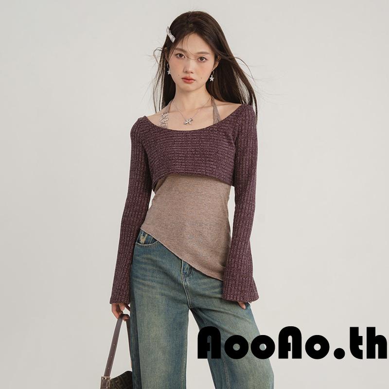 Aooao-เสื้อกล้ามสีทึบสําหรับผู้หญิง Tie-Up Halter คอเสื้อแขนกุดเปลือยพร้อมเสื้อครอปแขนยาว