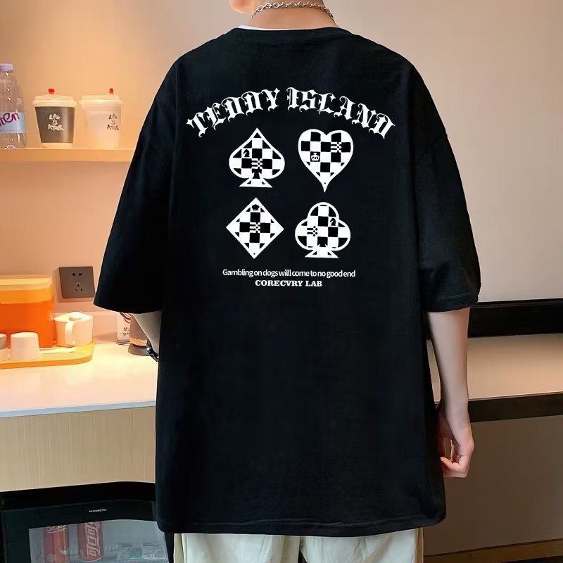 American Vintage Poker Decor พิมพ์ M-8XL ผู้ชายเสื้อยืดขนาดใหญ่แฟชั่นหลวมแขนสั้นรอบคอ Tee