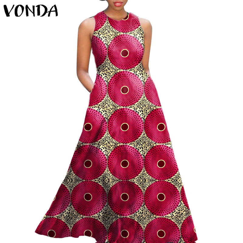 Vonda ชุดเดรส คอกลม แขนกุด ทรงเอ ลายเรขาคณิต สไตล์วินเทจ สําหรับผู้หญิง