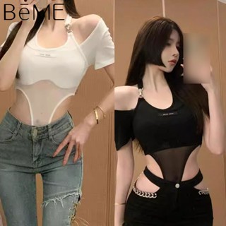 บอดี้สูทแขนสั้นคอกลม ทรงเว้าเอวสูง สีพื้น