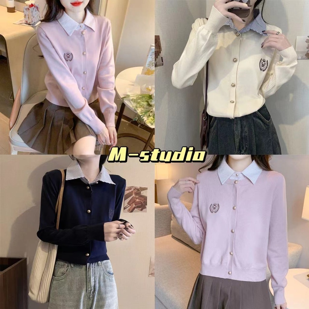 Maze**พร้อมส่ง**เสื้อโปโลแขนยาวคอปกลาย ปักลายที่อก ดีเทลกระดุมสีทองผ้าดีมาก(50090)
