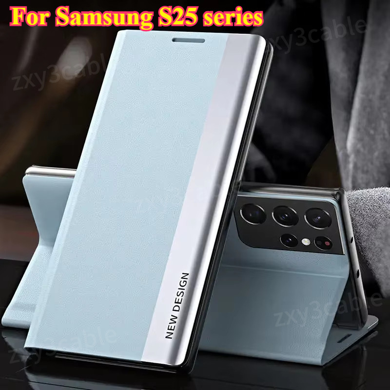 SAMSUNG สําหรับSamsung Galaxy S25 S24 Ultra Plus FE 5G 4G 2025 เคสโทรศัพท์หนังชุบFlip BracketกันกระแทกสําหรับS25Ultra S24FE S25Plus S25FEป้องกันขาตั้งกลับกรณี