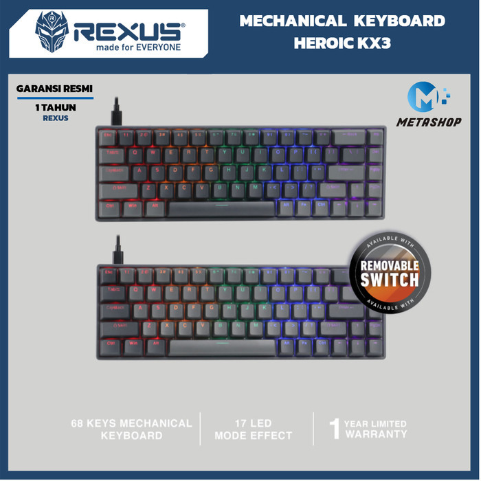REXUS KX3 Heroic Series RGB Gaming Mechanical Keyboard 68 คีย์แบบมีสาย LED Mecha