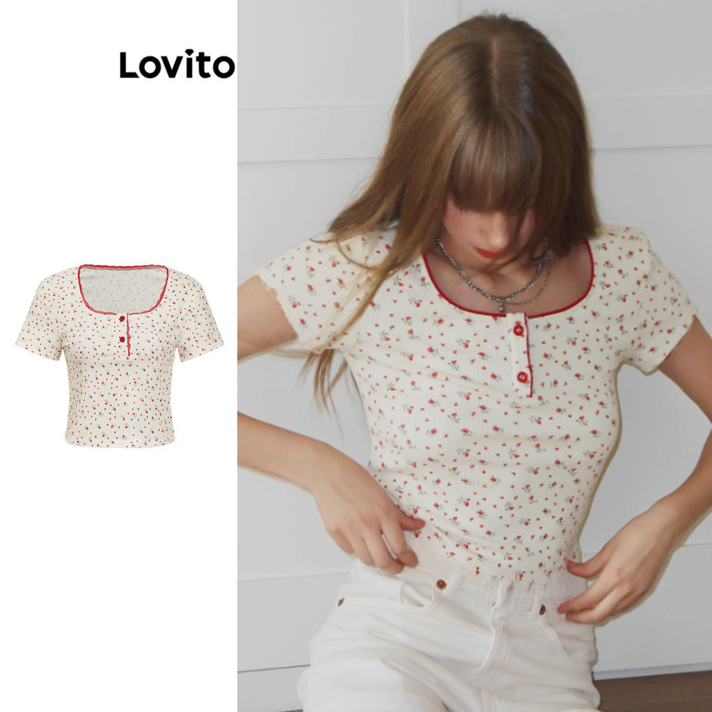 Lovito เสื้อยืดผู้หญิง ลายดอกไม้ ลูกไม้ สไตล์ลำลอง L95ED277