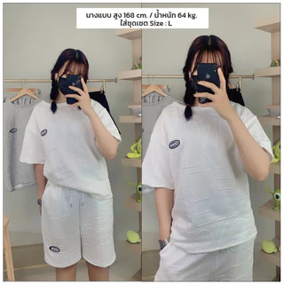 ชุดเซต เสื้อ+กางเกงขาสั้น ผ้าวาฟเฟิล ปั๊มลาย ( M - 2 XL ) พร้อมส่ง