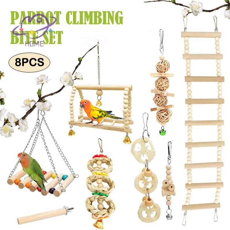 [mayhome] 8 ชิ้นผสมนกแก้วนกของเล่นนกแก้วการฝึกอบรมของเล่นไม้ธรรมชาตินกแก้ว Swing Perch ของเล่นนก Cage Climb ของเล่นอุปกรณ์สัตว์เลี้ยง {TH}