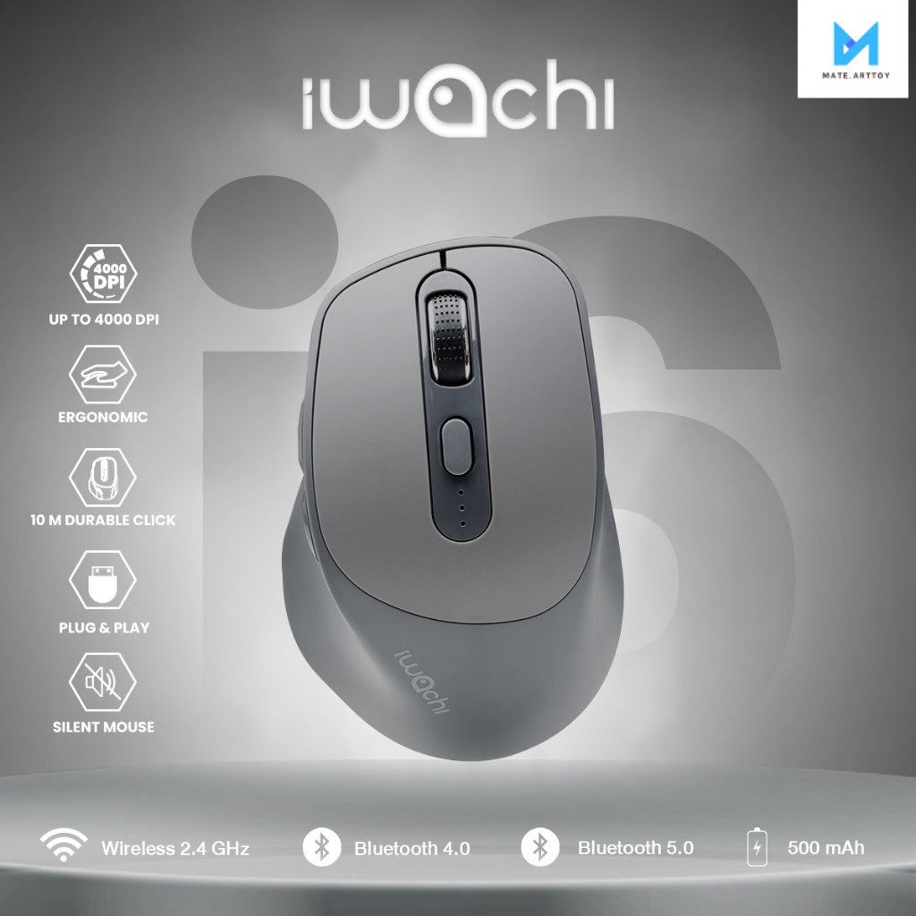 เมาส์ไร้สาย IWACHI i6 สีเทา สามารถใช้งานได้หลายอุปกรณ์ ไม่มีเสียงรบกวน สามารถชาร์จแบตได้