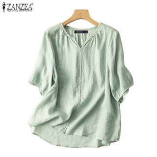 Zanzea เสื้อท็อปส์ คอวี แขนสั้น ทรงหลวม สีพื้น แฟชั่นสําหรับผู้หญิง