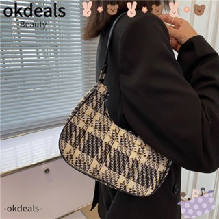 Okdeals กระเป๋าถือ กระเป๋าสะพายไหล่ ผ้าแคนวาส หนัง PU แต่งซิป ลายสก๊อต ปรับขนาดได้ สําหรับสตรี