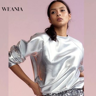 Weania เสื้อกันหนาว คอกลม แขนยาว หนัง PU สไตล์ยุโรป สําหรับผู้หญิง