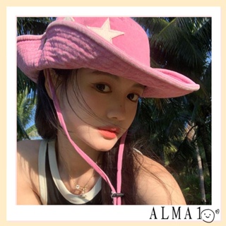 Alma หมวกคาวบอย หมวกยีน ประดับกลิตเตอร์ ขนาดใหญ่ พับได้ สีชมพู สไตล์พังก์ คาวบอย อุปกรณ์เสริม สําหรับปีนเขา เดินป่า กลางแจ้ง