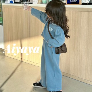 Aiyaya ชุดเซ็ทเด็กผู้หญิง เสื้อแขนยาวสีน้ำเงิน+กางเกงขากว้าง ชุด2ชิ้น แฟชั่นฤดูใบไม้ร่วง สไตล์เกาหลี （818）