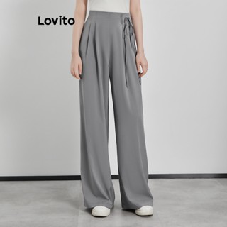 Lovito กางเกงลําลอง แบบผูกเชือก แต่งกระดุม สําหรับผู้หญิง L62ED096 (สีเทา)