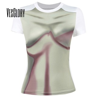 Vesglory เสื้อครอปท็อป คอกลม แขนสั้น พิมพ์ลาย สีพื้น ทรงสลิมฟิต แฟชั่นสําหรับผู้หญิง 2023