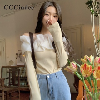 Cccindee ใหม่ เสื้อยืดแขนยาว เปิดไหล่ เข้ารูป เข้ากับทุกการแต่งกาย แฟชั่นสําหรับผู้หญิง 2023