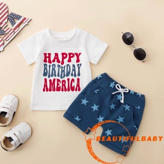 Beautym-4th of July ชุดเสื้อยืด คอกลม แขนสั้น พิมพ์ลายตัวอักษร ดาว กางเกงขาสั้น สําหรับเด็กผู้ชาย 2 ชิ้น