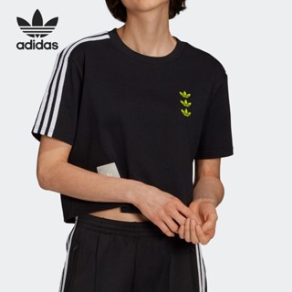 Adidas ของแท้ 100% เสื้อยืดคอกลม แขนสั้น ลายทาง ทรงหลวม สําหรับผู้หญิง HA4716