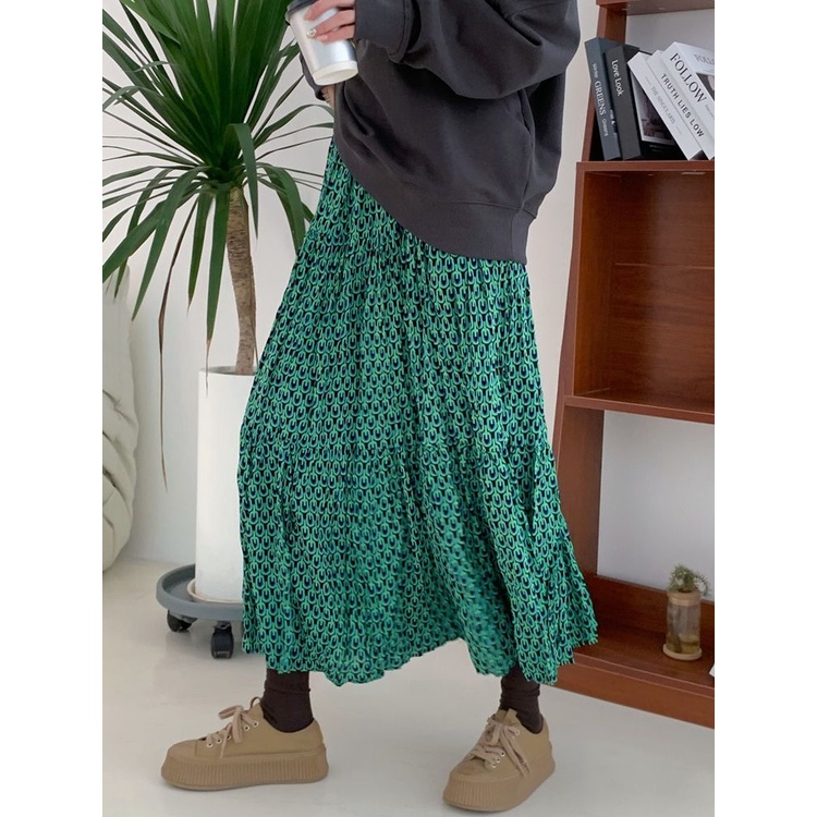 กระโปรงเอวสูง ผ้ายืด เข้ารูป ลายดอกไม้ สีเขียว แบบเรียบง่าย แฟชั่นฤดูใบไม้ผลิ และฤดูใบไม้ร่วง สไตล์เรโทร สําหรับผู้หญิง 2023