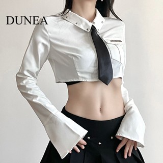 Dunea เสื้อยืดแขนยาว คอปก ประดับโบว์ แฟชั่นสําหรับผู้หญิง