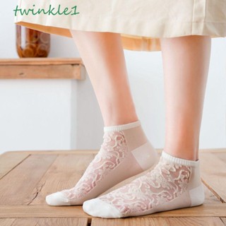 Twinkle1 ถุงเท้าข้อสั้น ผ้าเรยอน ระบายอากาศ ลายดอกไม้ สไตล์ฮาราจูกุ แฟชั่นเรโทร สําหรับเด็กผู้หญิง