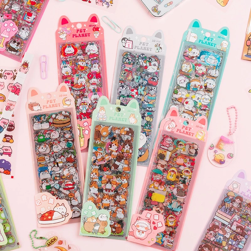 (10 ชิ้น / แพ็ค) สติกเกอร์โน๊ตบุ๊ค ลายการ์ตูนสัตว์เลี้ยง ดาวเคราะห์น่ารัก กันน้ํา วัสดุ PET ตกแต่ง