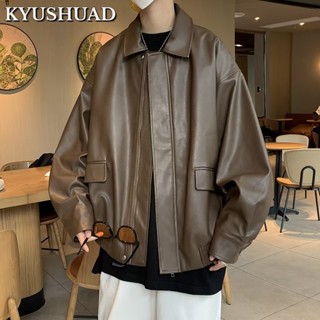 Kyushuad เสื้อแจ็กเก็ตหนัง ตัวสั้น สไตล์เรโทร อเมริกัน สําหรับขี่รถจักรยานยนต์