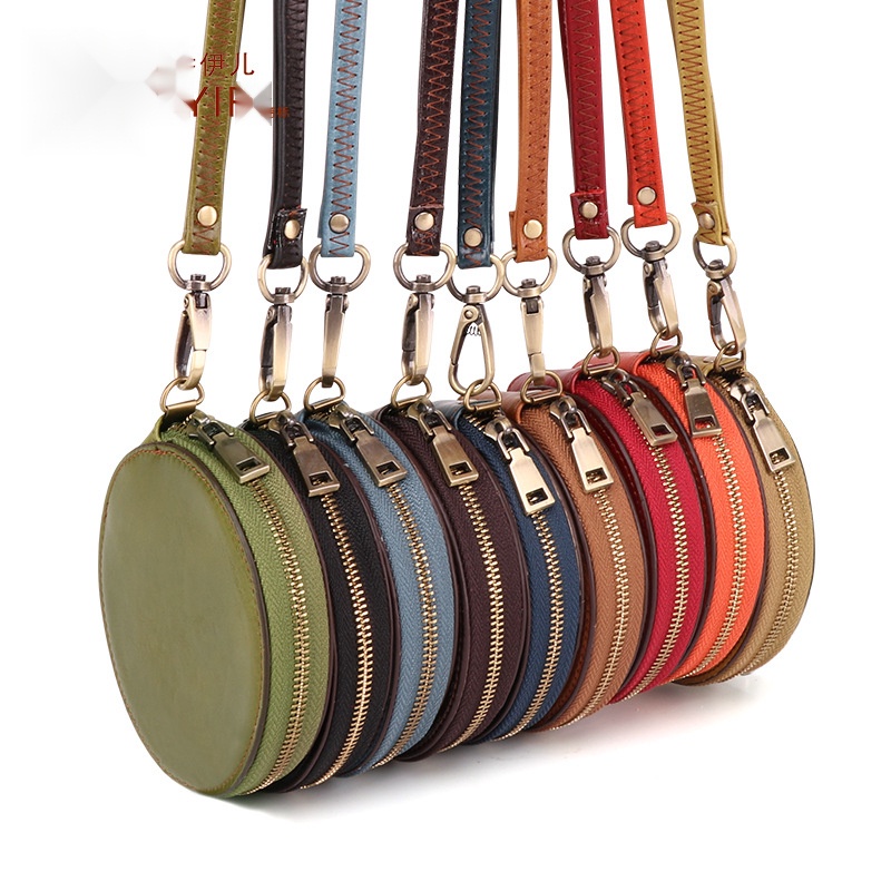 กระเป๋าสตางค์ หนังวัวแท้ ทรงกลม ขนาดเล็ก ชั้นแรก ใส่เหรียญได้ สําหรับผู้หญิง