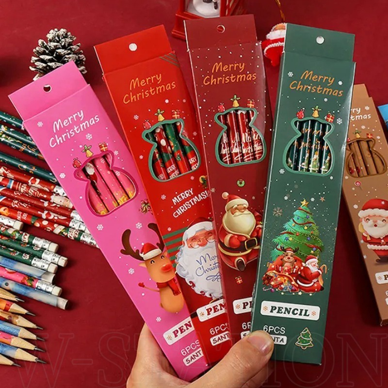 ชุดดินสอไม้ ลายการ์ตูนคริสต์มาสน่ารัก พร้อมยางลบ สําหรับนักเรียน วาดภาพ ร่างภาพ ปากกา ดินสอไม้ กวาง ซานตาคลอส เอลก์ 6 ชิ้น ต่อกล่อง
