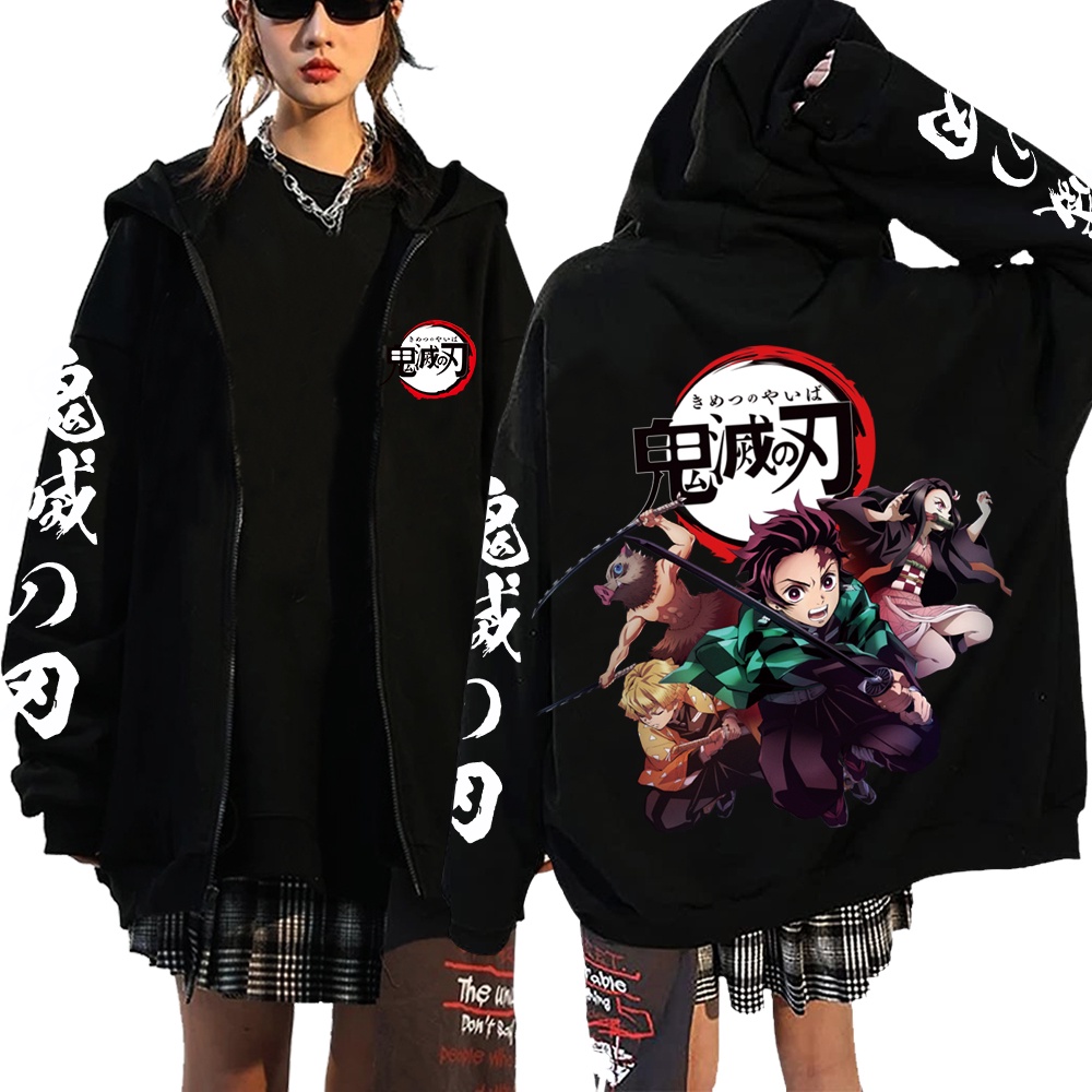 เสื้อกันหนาว มีฮู้ดดี้ แบบสวม มีซิป ลายอนิเมะ Demon Slayer Nezuko Kamado Graphic Y2K แฟชั่นสไตล์ฮิปฮอป สําหรับผู้หญิง และผู้ชาย