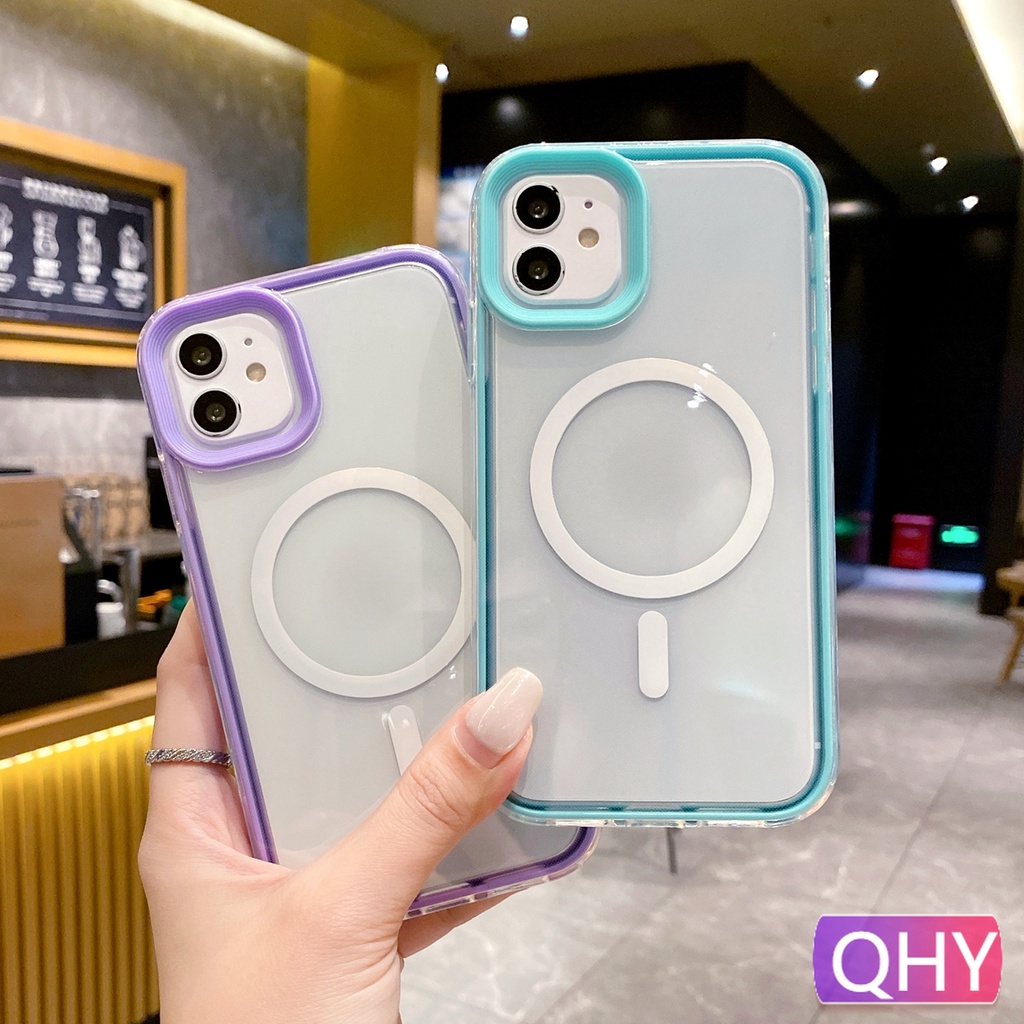 Qhy 2 in 1 เคสโทรศัพท์มือถือนิ่ม แบบใส กันตก สีม่วง ฟ้า ชมพู หลากสี สําหรับ iphone case 15 11 12 13 14 pro max