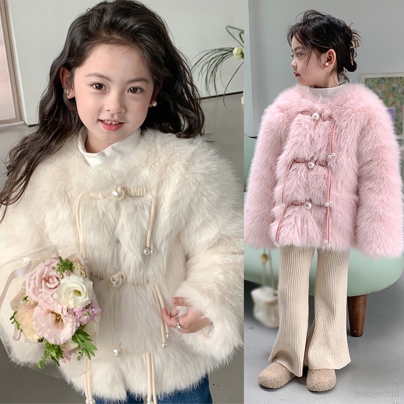 เสื้อโค้ทแขนยาว ผ้าฝ้าย แต่งหัวเข็มขัด ประดับมุก สีพื้น แฟชั่นฤดูหนาว สําหรับเด็กผู้หญิง