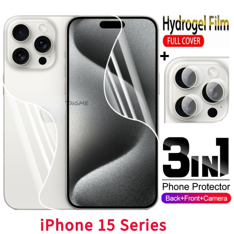 3in1 ฟิล์มไฮโดรเจลนิ่ม กันรอยหน้าจอ ด้านหลัง ไม่ใช่กระจกนิรภัย สําหรับ iPhone 15 Pro Max 14 Pro 15Pro + 15Plus 15ProMax Plus