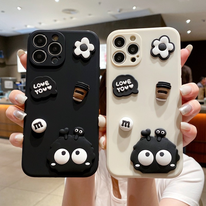 ปลอกสําหรับ iPhone 16 15 14 Pro Max 13 12 mini 6S 6 7 8 Plus 11 Pro X XR XS Max se 2020 เคสโทรศัพท์มือถือ ลายกาแฟบอล 3D สีดํา สําหรับ
