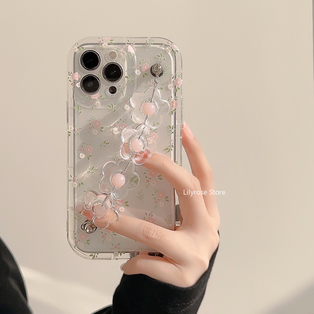 เคสโทรศัพท์มือถือ แบบใส ลายดอกไม้ สีชมพู และสีขาว พร้อมสายคล้องมือ สําหรับ Apple iPhone 14 Pro Max 13 11 12 14