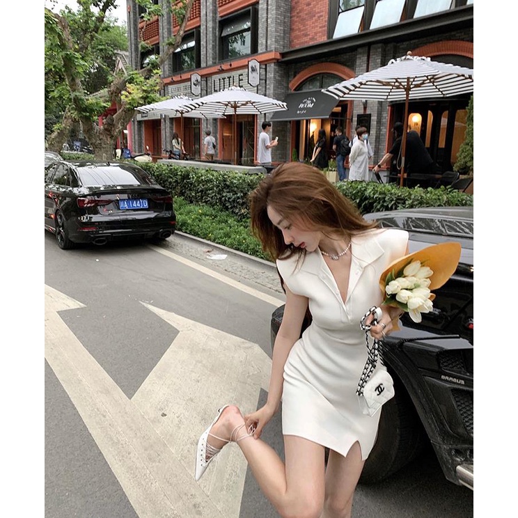 เดรสขาว กระโปรงถัก สลิมฟิต ความสง่างาม ชุดราตรี คอโปโล ชุดเที่ยวผับ ชุดทํางานผู้หญิง จัดส่งในกรุงเทพฯ