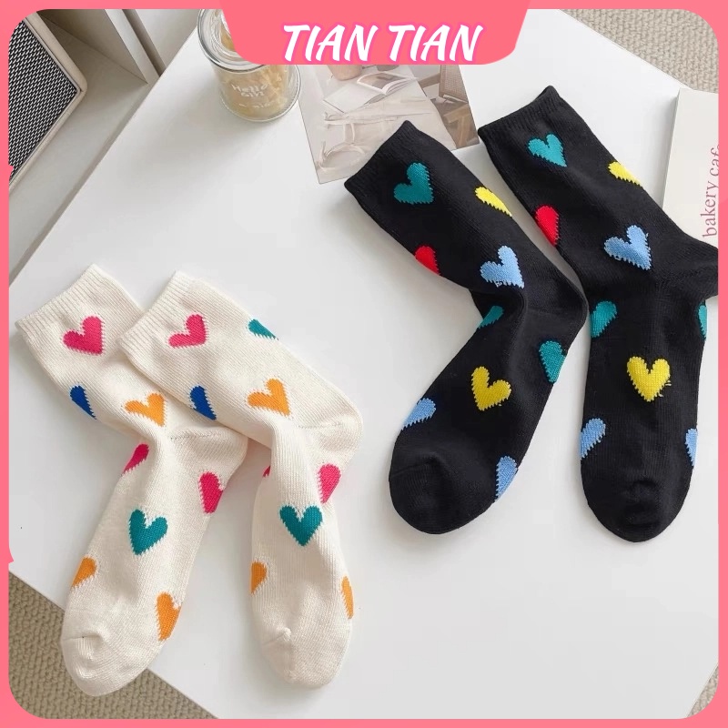 TIANTIAN T316 ถุงเท้าข้อกลาง ผ้าฝ้าย ลายหัวใจน่ารัก สีดํา สีขาว เข้ากับทุกการแต่งกาย แฟชั่นอินเทรนด์ สไตล์ญี่ปุ่น สําหรับผู้หญิง