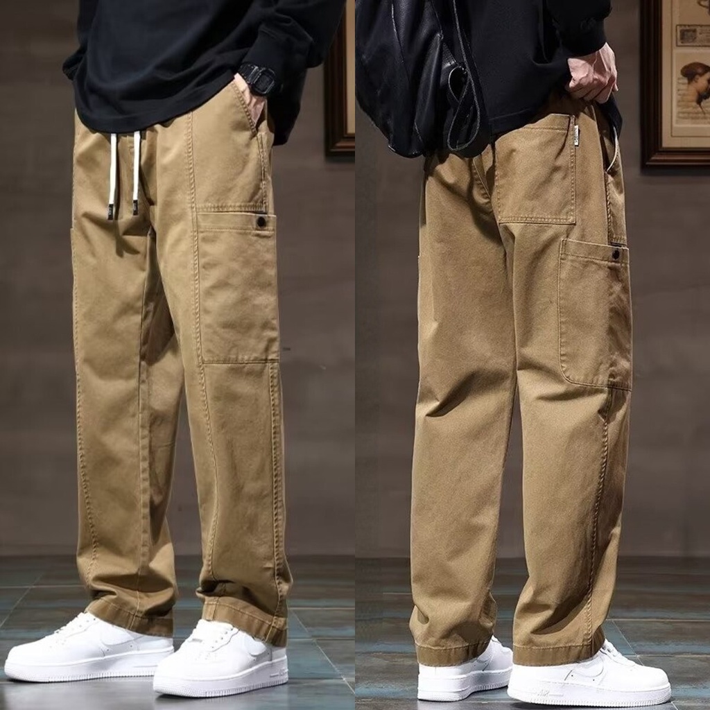 M-3XL กางเกงคาร์โก้ผู้ชาย ผ้าฝ้าย ทรงหลวม กางเกงผู้ชาย แนวตรง สีกากี พลัสไซซ์ กางเกงขายาวผู้ชาย