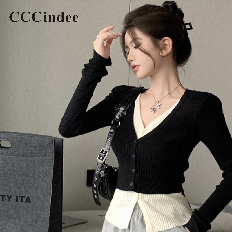 Cccindee เสื้อคาร์ดิแกนแขนยาว คอวี เข้ารูป เซ็กซี่ แฟชั่นฤดูใบไม้ร่วง และฤดูหนาว สําหรับผู้หญิง 2023